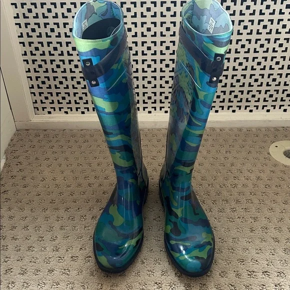 Lauren Ralph Lauren Rossalyn Blue/Green PVC Rainboits sz 9 - Picture 2 of 13
